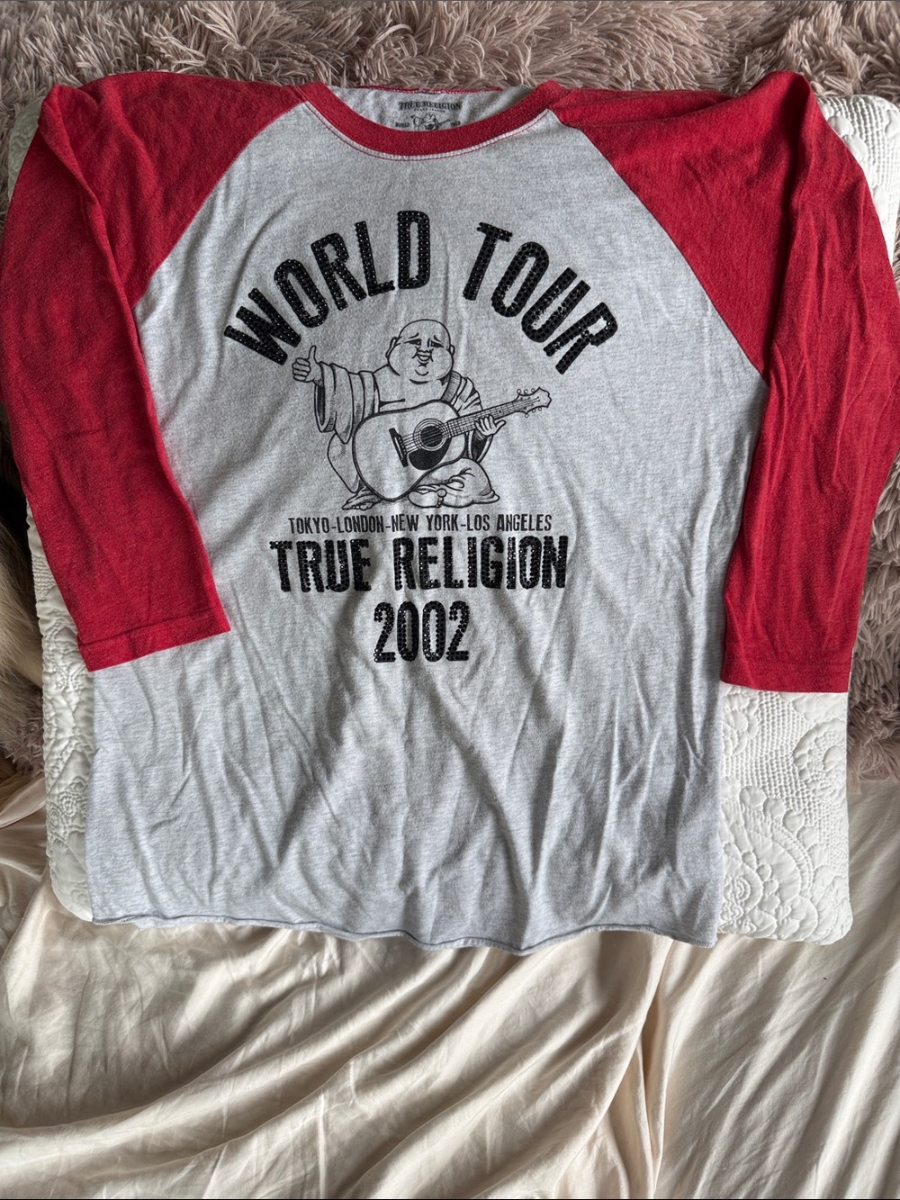 True Religion women’s Red & Gray World Tour Raglan Tee